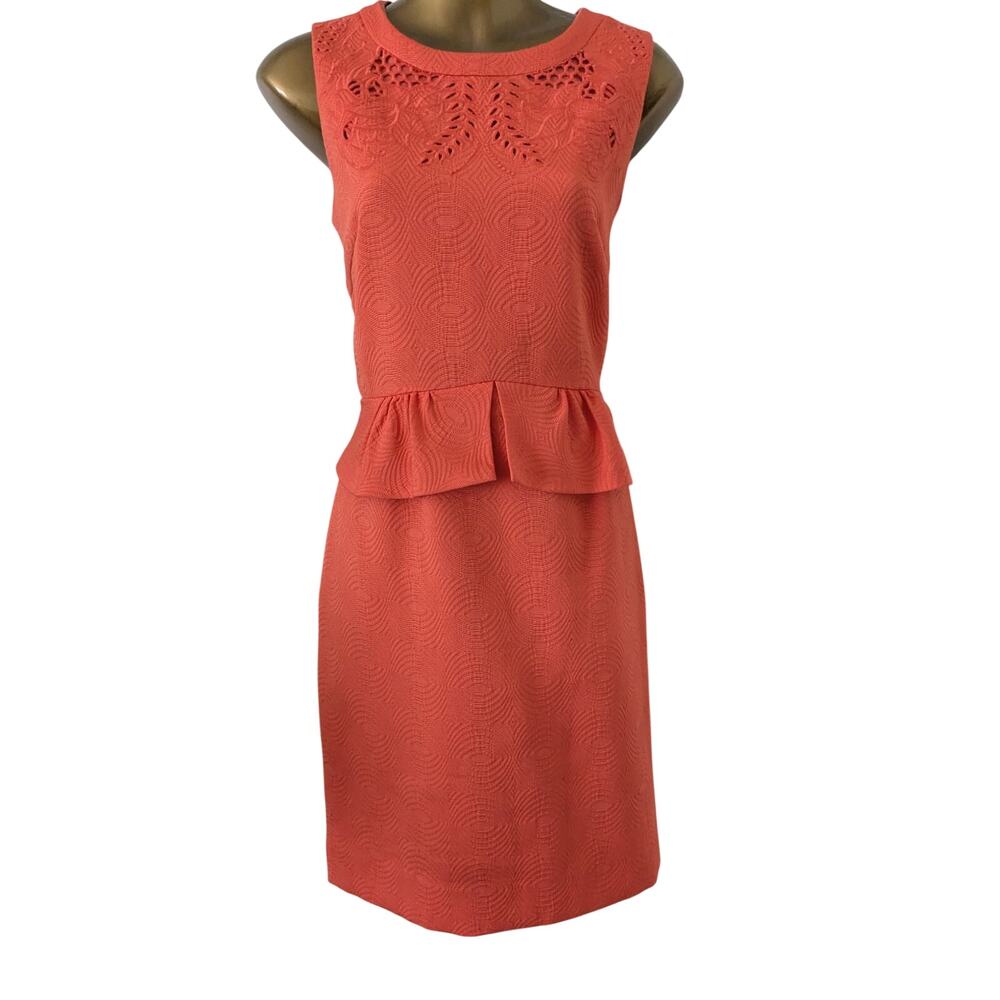 Tahari Sz 6 Arthur S Levine Coral Orange Peplum Textured Dress